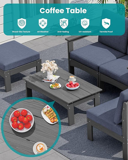 SERWALL 7-Piece Patio Sofa Set, Outdoor Furniture Set, All-Weather HDPE Outdoor Sectional Conversation Set with Cushions and Coffee Table, Large Modular Sofas for Garden, Grey Frame with Grey Cushion