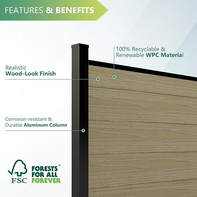 Mondaria Privacy Fence for Outside, 6Ft(W) Outdoor Privacy Panels with 7.6Ft In-ground Post, Wood Plastic Composite Fencing for Patio, Backyard, Garden and Swimming Pool (Ancient Wood with 1 Post)