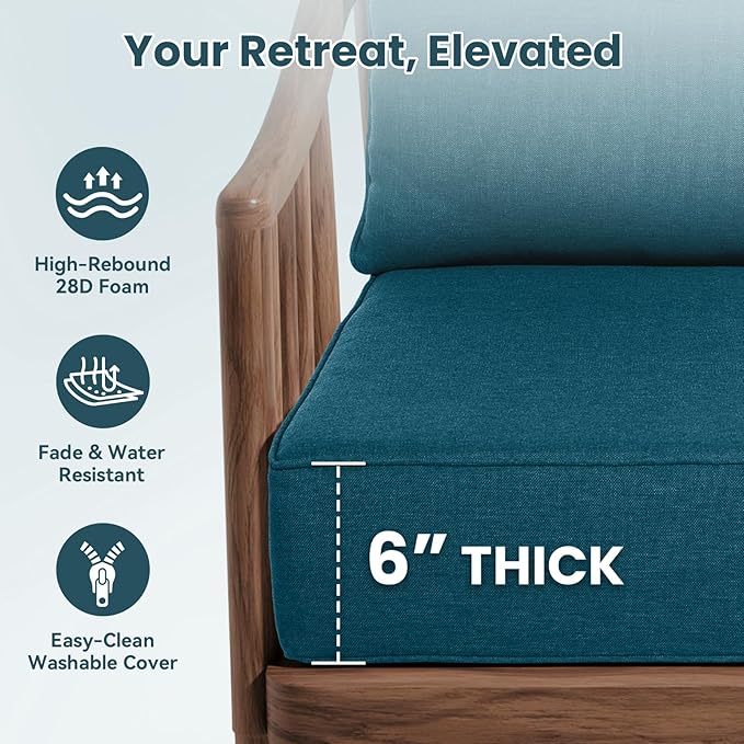 Outdoor Chair Cushions, 6 Inch Thick Patio Seat & Back Cushions Set with Removable Cover, Waterproof Patio Cushions for Outdoor Furniture, 24 x 24 Inch, Turquoise 2-Set
