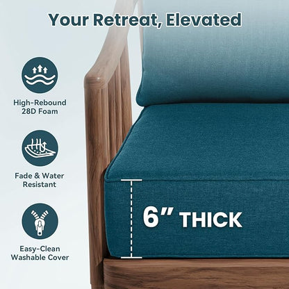 Outdoor Chair Cushions, 6 Inch Thick Patio Seat & Back Cushions Set with Removable Cover, Waterproof Patio Cushions for Outdoor Furniture, 24 x 24 Inch, Turquoise 2-Set