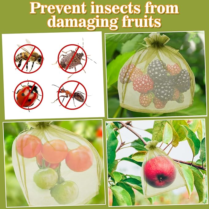 Sukh 100PCS Fruit Protection Bags - 6"x8" Fruit Cover for Fruit Tree Netting Fruit Nets to Protect Fruit Mesh Organza Bags Green Net Bags for Fruits & Vegetables
