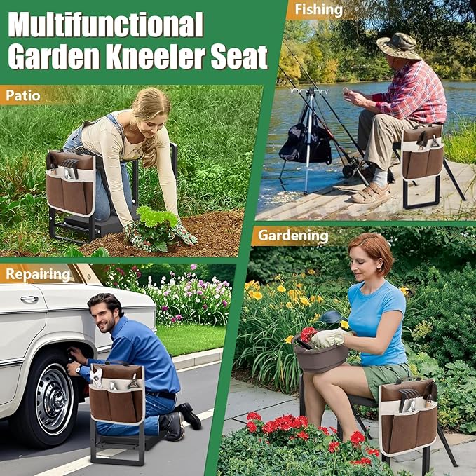 seasky Foldable Garden Kneeler and Seat, Anti-Tipping Gardening Bench Widened Thick Soft Kneeling Pad，Heavy Duty Gardening Stool with Garden Tool Bag, Gardening Gift for Women(Without Gloves)