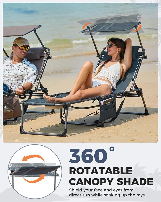 KingCamp 2 Pack Tanning Chair with Face Hole, Lounge Chairs Outdoor Folding Portable Comfy Adjustable 5-Position Chaise Chaser with Canopy Shade for Outside Beach Patio, Blue/Grey