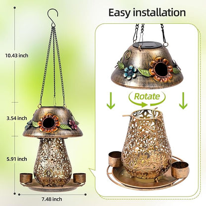 Mushroom Solar Bird Feeders for Outdoors Hanging Metal Wild Bird Feeder with S Hook for Garden Decoration Brown