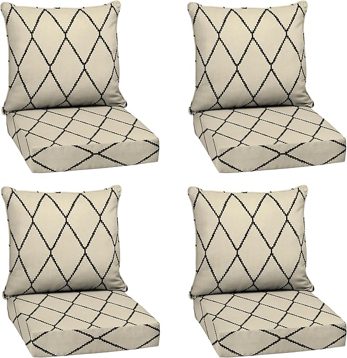 Arden Outdoor Deep Seat Cushion Set (4-Pack), 24 in x 24 in, Weather-Proof, Rain-Proof, Fade Resistant Patio Cushion for Chair, Sofa, and Couch Tan Diamond Trellis