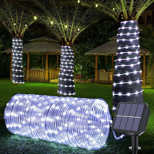 Solar Rope Lights, 33ft 100LED Solar String Lights, 8 Modes Waterproof Solar Powered Outdoor Light, Flexible Clear Tube Light for Garden, Backyard, Patio, Deck, Porch, Pool, Tree Decorative - White