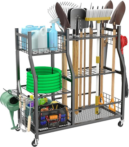 WALMANN Garden Tool Organizer with Wheels for Garage, Large Storage Capacity, Rakes/Shovels/Yard Tools Storage Stand for Shed, Garden, Indoor/Outdoor Long-Handled Tools Rolling Cart