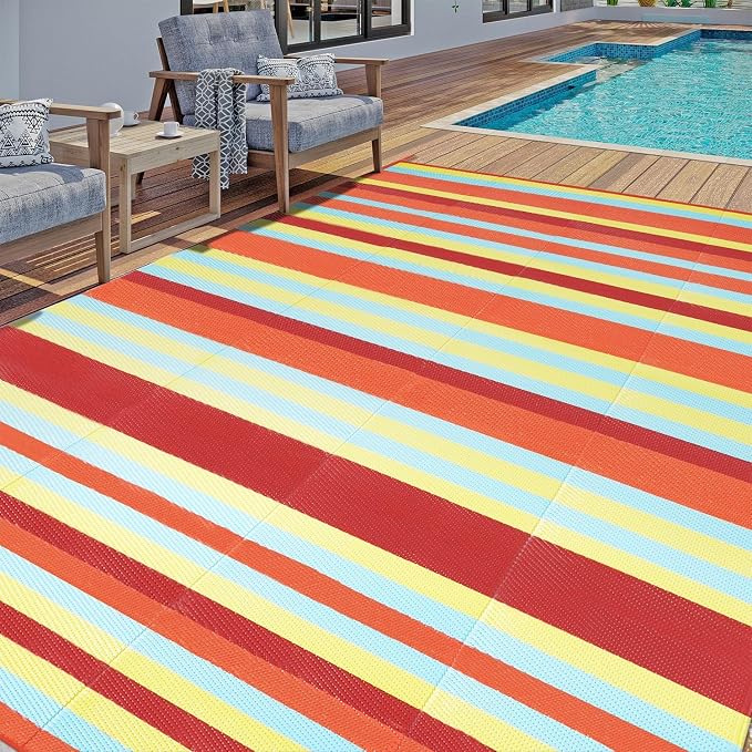 HUGEAR Outdoor Waterproof Rug 8'x10' Plastic Straw Rugs Washable Reversible Floor Mat Rainbow Stripe Carpet for Camping RV Deck Entryance Porch Picnic Balcony Beach Backyard