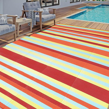 HUGEAR Outdoor Waterproof Rug 9'x12' Plastic Straw Rugs Washable Reversible Floor Mat Rainbow Stripe Carpet for Camping RV Deck Entryance Porch Picnic Balcony Beach Backyard