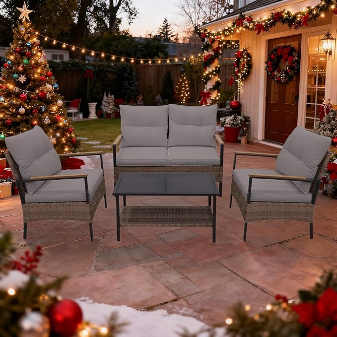 COOS BAY Sunset Haven Outdoor Patio Furniture Set, Outdoor Conversation Set, Rattan Wicker Sofa, Loveseat, 2 Patio Chairs and Coffee Table, Brown/Gray