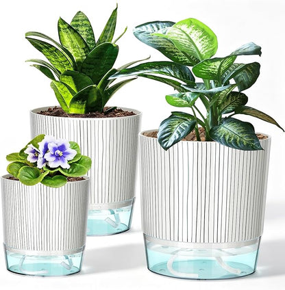 3 Pack Self Watering Pots for Indoor Plants, 4+5.5+6.3 Inch Self Watering Plant Pots, Flower Pots with Wick Rope and Reservoir - Black Stripes