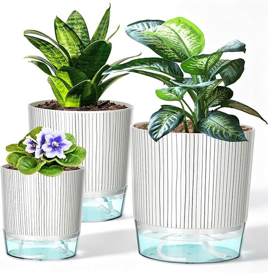3 Pack Self Watering Pots for Indoor Plants, 4+5.5+6.3 Inch Self Watering Plant Pots, Flower Pots with Wick Rope and Reservoir - Black Stripes