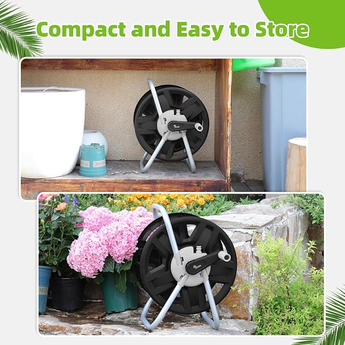 Water Hose Reel Cart, Holds 60-80 Ft of 5/8 Inch Hose, Black Wall Mounted Garden Hose Cart, Portable Hose Reel for Convenient Storage and Watering
