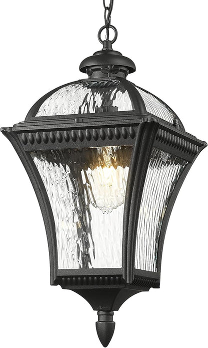 Emliviar 20.7" Outdoor Pendant Light, Matte Black Hanging Porch Chandelier with Water Ripple Glass, Modern Ceiling Pendant Lighting for Patio, Entryway, XE266H-SW BK