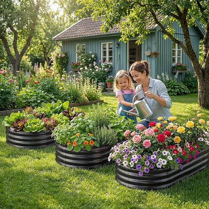 Land Guard Galvanized Raised Garden Bed Kit, Galvanized Planter Raised Garden Boxes Outdoor, Oval Large Metal Raised Garden Beds for Vegetables(Grey)4×2×1ft(1pcs)