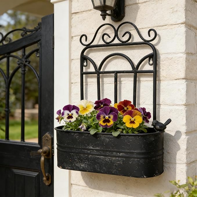 Rustic Metal Wall Planter Country Garden Wall Hanging Mount Vase Pocket Outdoor Vintage Hanging Pot Farmhouse Wall Decor for Plants Flowers (Black) (Black 1)