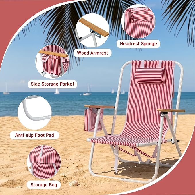 Outvita Folding Beach Chair, 4 Position Adjustable Reclining Lounge Chair with Padded Headrest, Large Rear & Side Storage Pockets, Lightweight Portable Outdoor Chair for Beach Pool Garden BBQ