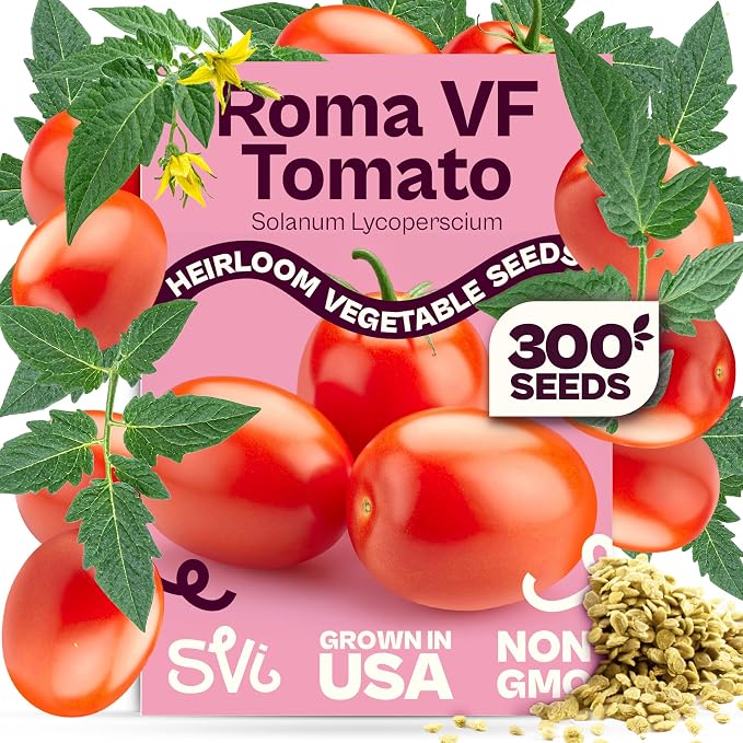SVI 300 VF Roma Tomato Seeds (Solanum lycoperscium) – Italian Plum Tomato Paste Seed Packets, Determinate Roma Tomatoes – Non GMO Heirloom Vegetable Seeds for Gardens, Raised Beds, Containers