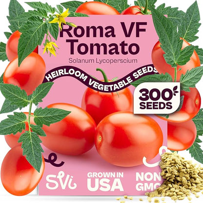 SVI 300 VF Roma Tomato Seeds (Solanum lycoperscium) – Italian Plum Tomato Paste Seed Packets, Determinate Roma Tomatoes – Non GMO Heirloom Vegetable Seeds for Gardens, Raised Beds, Containers
