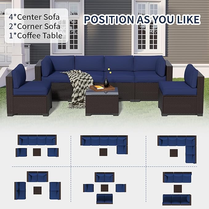 7-Piece Outdoor Sectional Patio Furniture Set, All-Weather Wicker Rattan Sofa w/Thick Washable Cushions & Tempered Glass Table, Perfect for Garden, Poolside, Backyard (7, Darkbrown&Navy Blue)