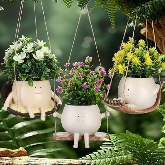 Nuogo 3 Pack Hanging Swing Chair Planter Pots Cute Wall Hanging Planter Pot Swing Face Pot with Drainage Holes Head Pots for Indoor Outdoor Plant Home Decor(Cute)