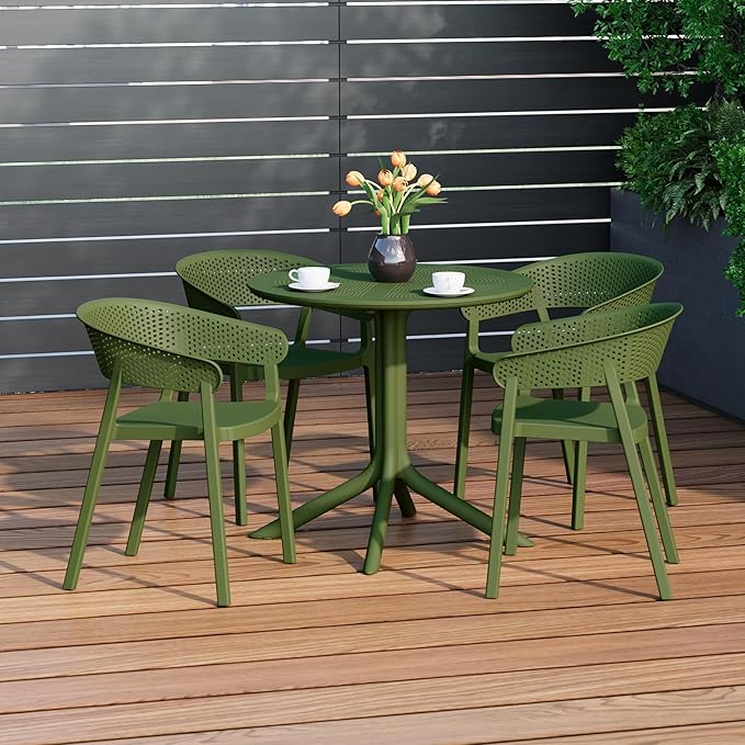 Costaelm Dining Table Set for 4, HDPE Patio Round Dining Table and Stackable Chair, Kitchen & Dining Room Sets All Weather for Backyard Porch Poolside, Olive Green