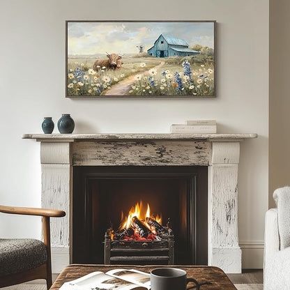 Extra Large Framed Farmhouse Style Wall Art - Vintage Rustic Canvas Art Print - Wildflower Highland Cow, Windmill & Teal Barn - Country Farm Painting for Living Room 30x60 Inch
