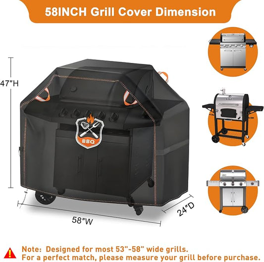 Grill Cover, Universal 58" BBQ Grill Cover for Outdoor Grill, Waterproof, Weather Resistant, Fade Resistant Gas Grill Cover with Adjustable Double Straps for Weber, Char-broil, Nexgrill, etc
