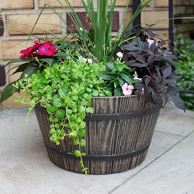 The HC Companies Whiskey Barrel Planter - Decorative Garden Pots - Indoor & Outdoor Resin Planters - Weather-Resistant Planting Pots (16” Aged Oak)