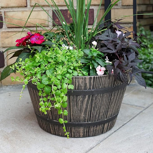 The HC Companies Whiskey Barrel Planter - Decorative Garden Pots - Indoor & Outdoor Resin Planters - Weather-Resistant Planting Pots (16” Aged Oak)