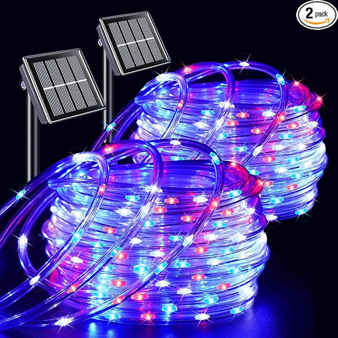 YEGUO 4th of July Decorations Red White and Blue Lights, 2 Packs Each 33ft 100 LED Solar Rope Light with 8 Modes for Patriotic Independence Memorial Day Decor