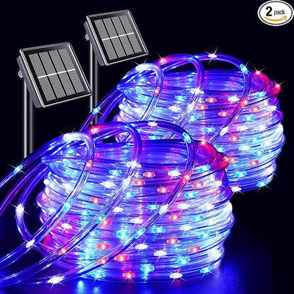 YEGUO 4th of July Decorations Red White and Blue Lights, 2 Packs Each 33ft 100 LED Solar Rope Light with 8 Modes for Patriotic Independence Memorial Day Decor
