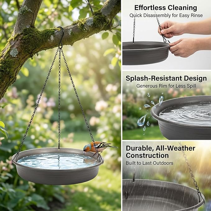 Hanging Bird Bath Bird Feeder - Bird Bath for Outside Outdoors Hanging with Tray Bowl Water Feeder, Garden Bird Bath 2-in-1 Bird Feeder Bath, Durable PP Bird Bath Bowl for Garden Patio Backyard Decor