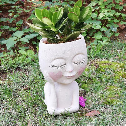 Large Face Flower Pot Head Planter for Indoor and Outdoor Cute Plant Pots with Drainage Hole Resin Cactus Plant Holder Succulent Pots for DIY