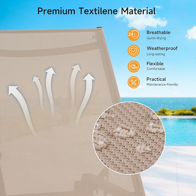 ONBRILL Aluminum Chaise Lounge Chair Outdoor, Foldable & Assembly Free Outdoor Lounge Chair with 5 Position Adjustable Backrest, Patio Pool Lounge Chairs for Outside Poolside Beach Lawn, 1PC, Khaki