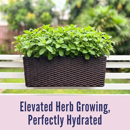LaLaGreen Deck Railing Planter Box (20 Inch, 4 Pack) Brown Rectangular Window Flower Boxes with Bracket, Self Watering System Hanging Planter Box for Outdoor Plant Container Herb Rail Fence Balcony