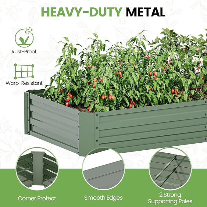 SPECILITE Raised Garden Bed with Mini Greenhouse, Galvanized Metal Planter Box Kit with PE Cover, 2 Roll-Up Doors for Ventilation, Gardening Set for Outdoor Growing Vegetables, Herbs, Fruit & Flowers