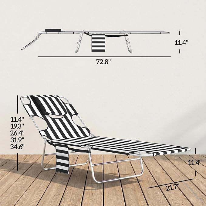 Outsunny Chaise Lounge Chairs Set of 2 Outdoor with Face Arm Hole, 5-Position Reclining Face Down Tanning Chairs with Carry Strap, Side Pocket, Portable Folding Bed Cot for Patio Pool, Black Stripe