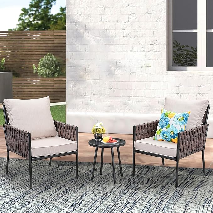 Patio Furniture Set, 3-Piece Wider Outdoor Metal Seating Sofa with High Back, Coffee Ta ble, All Weather Rattan Conversation for Garden,Backyard, Poolside-Beige