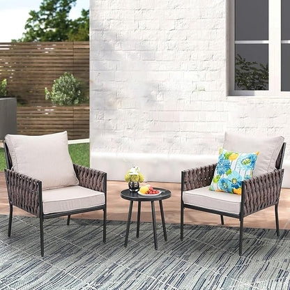 Patio Furniture Set, 3-Piece Wider Outdoor Metal Seating Sofa with High Back, Coffee Ta ble, All Weather Rattan Conversation for Garden,Backyard, Poolside-Beige