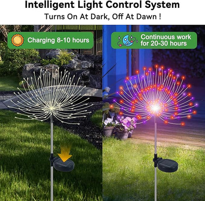 Slyuexu Solar Garden Lights Outdoor Waterproof, 2 Pack 120 LED Solar Firework Lights Decorative Garden Décor Outside for Flowerbed Pathway Party Halloween Christmas Decorations, Purple + Orange
