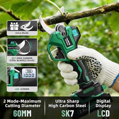 2.5“/64mm Electric Pruning Shears, Upgraded Cordless Electric Scissors, with Brushless Motor | Dual 2.0Ah Battery | Sk7 Blade | LCD Display for Heavy-Duty Garden, Orchard & Branch Cutter