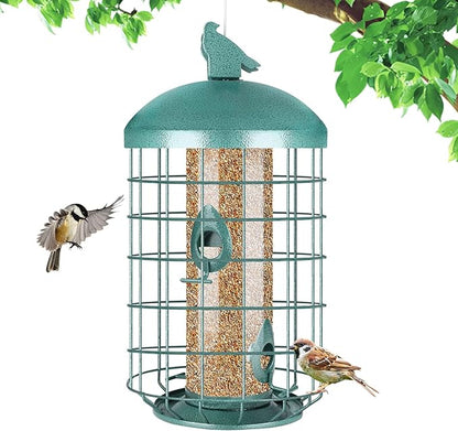 Yinns Caged Bird Feeder for Outside, Large Squirrel Proof Metal Bird Feeders 3 Lbs, Wild Bird Feeder Hanging Outdoors Tube Feeders with 4-Ports, Waterproof (Green)