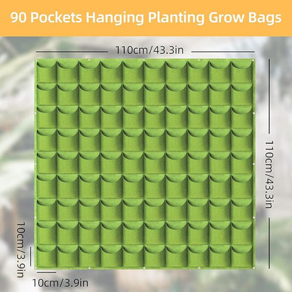 Hanging Planting Grow Bags, 90 Pockets Hanging Vertical Wall Planter Wall Mounted Grow Bag Outdoor Indoor Gardening Vertical Greening Flower Container, Planting Bags Storage Bags(1.1 m × 1.1 m, Green)