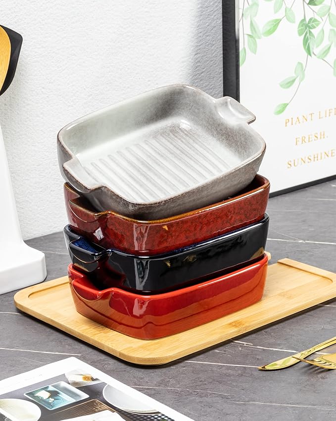 Ceramic Baking Dishes, 18 oz Au Gratin Pans, Set of 4 | Assorted Reactive Glaze, Individual Baking & Serving, Ideal for Lasagna, Mac & Cheese, Casseroles & Baked Pasta, Oven Safe