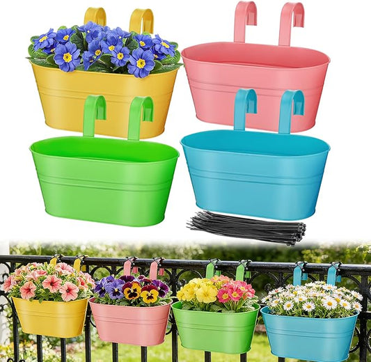 MADHOLLY Railing Planter with Drainage Holes - Sturdy Bucket Pots for Railing Fence, Countryside Style Metal Flower Pots for Herbs Balcony Garden Yard Decor, 4Pcs, Colorful