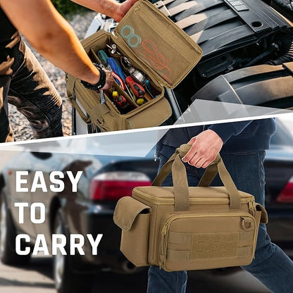 Rexmica Small Tool Bag with Anti-friction and Thick Padded Bottom, Tool Storage Organizer for Men, Tactical Bag, Range Bag, Multi-functional Work Tote for Repairman, Electrician, Carpenters (Khaki)