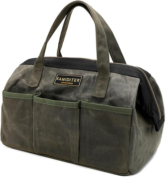 13-inch Tool Bag, Heavy Duty Wide Mouth Water-Resistant Tool Bag, Tool Tote with Handle for Tools, Wrenches, Screwdrivers (13 X 7 X 9 inch) | ArmyGreen