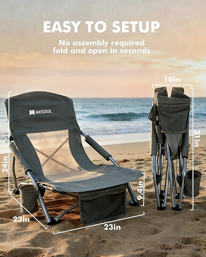 AKSOUL Folding Beach Chair for Adults: Low/High Back Chairs with Carry Bag - Extra Wide Seat Chair with Comfortable Pillow & Storage Pocket (1 Pack & 2 Pack, Blue)