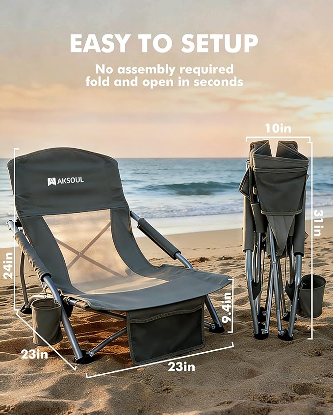 AKSOUL Folding Beach Chair for Adults: Low/High Back Chairs with Carry Bag - Extra Wide Seat Chair with Comfortable Pillow & Storage Pocket (1 Pack & 2 Pack, Blue)